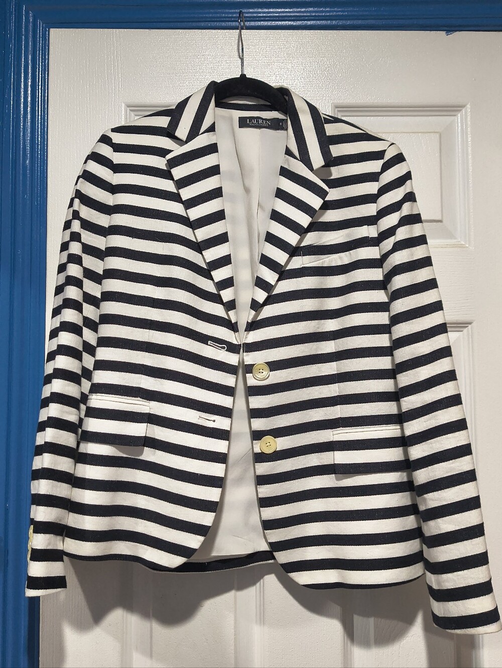 Lauren Ralph Lauren Black White Striped Nautical Tailored Blazer Jacket - Size 6 - Picture 11 of 16